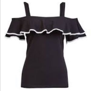 Cable & Gauge Black Ruffle Cold Shoulder Top S